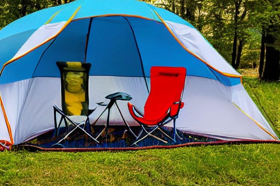 Camping Rug Next to Tent with Camping Chairs