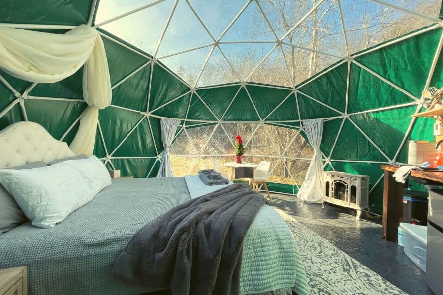 Interior of Glamping Dome with Bed and Windows