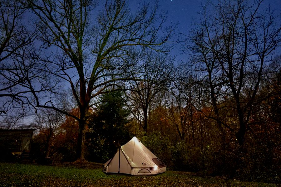 Timber Ridge Tent in Backyard at Night