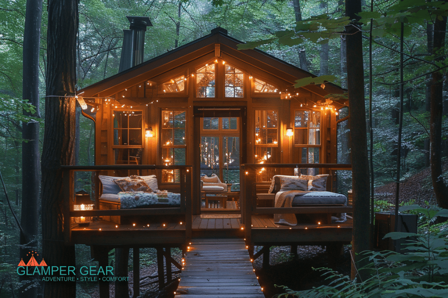 Glamping Treehouse in the Forest with Fairy Lights
