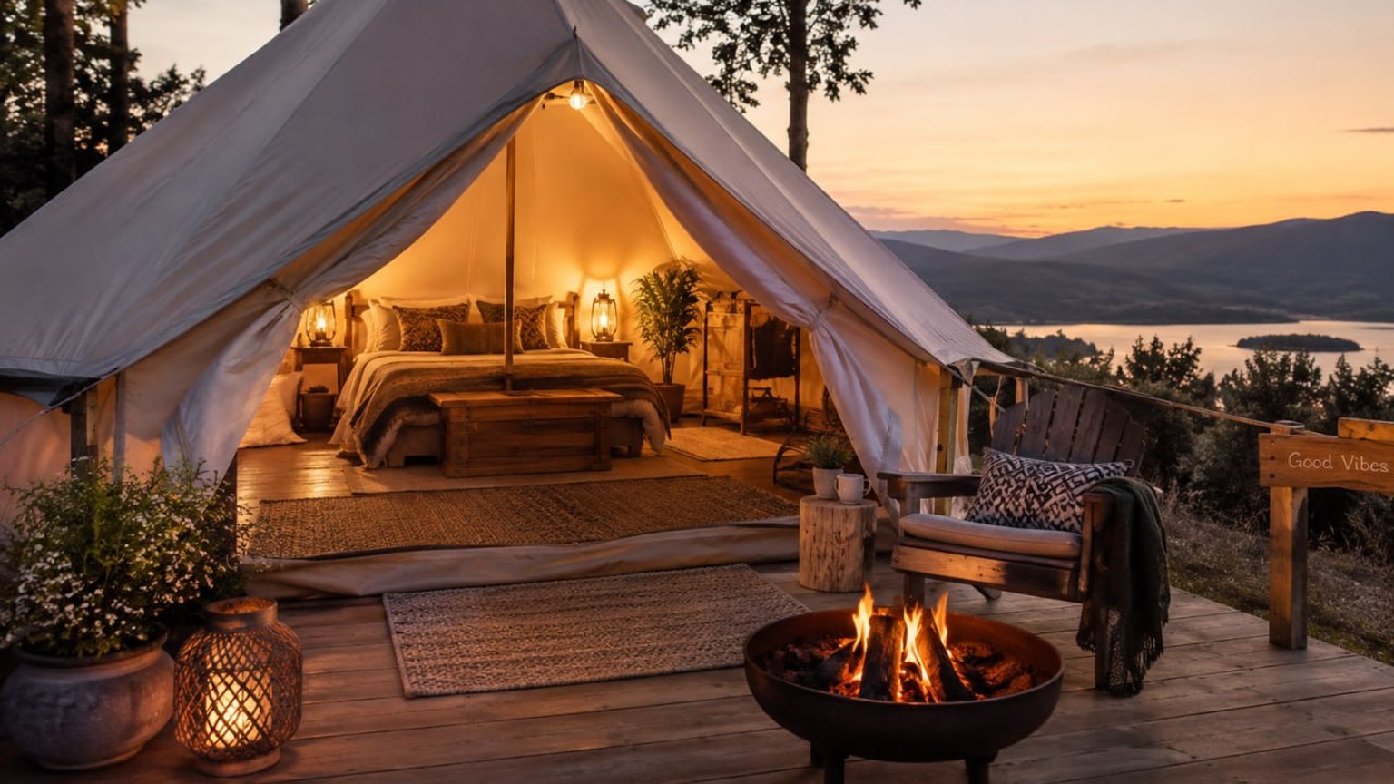 Furnished luxury glamping tent with a bed, lanterns, deck seating and a fire pit overlooking a lake at sunset